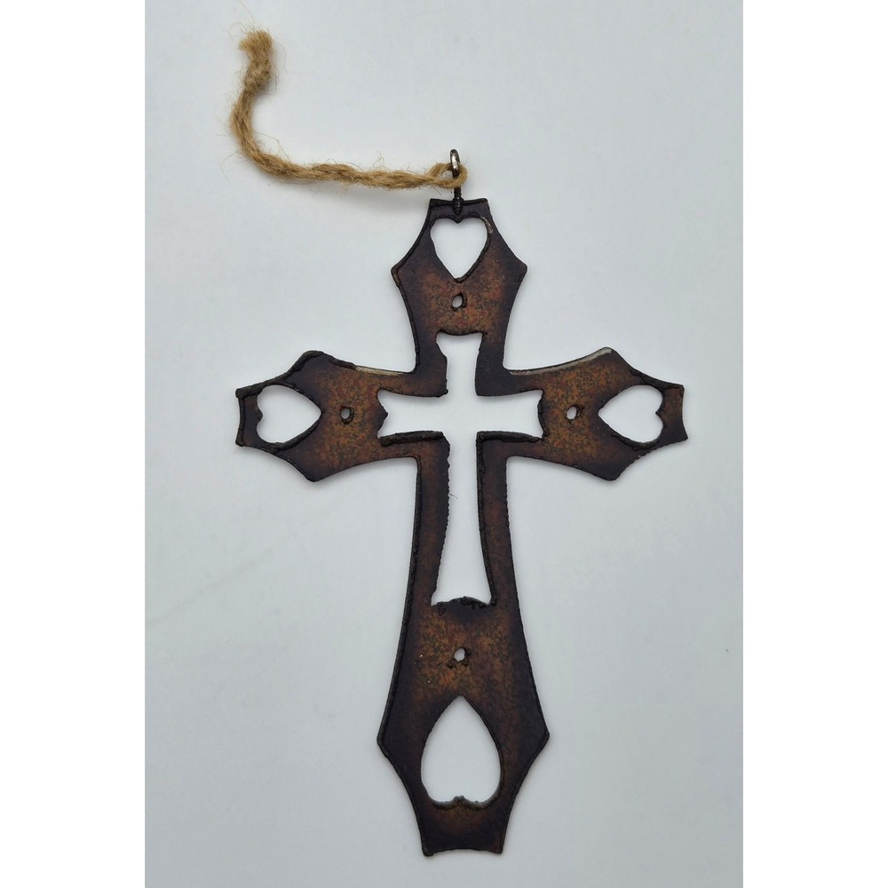 Rustic Metal Cross Wall Decor Heart Cutout 5" Primitive Farmhouse Religious